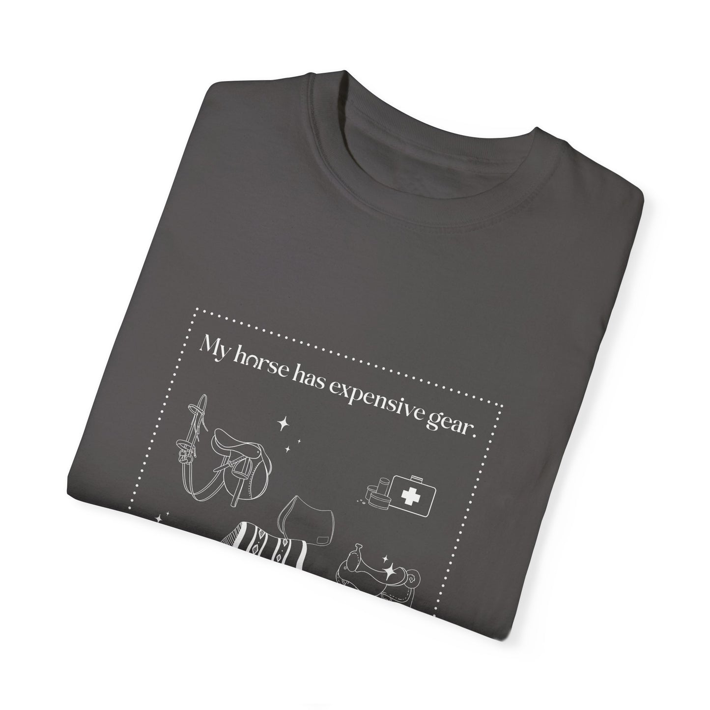 My horse has expensive gear. I have this shirt.