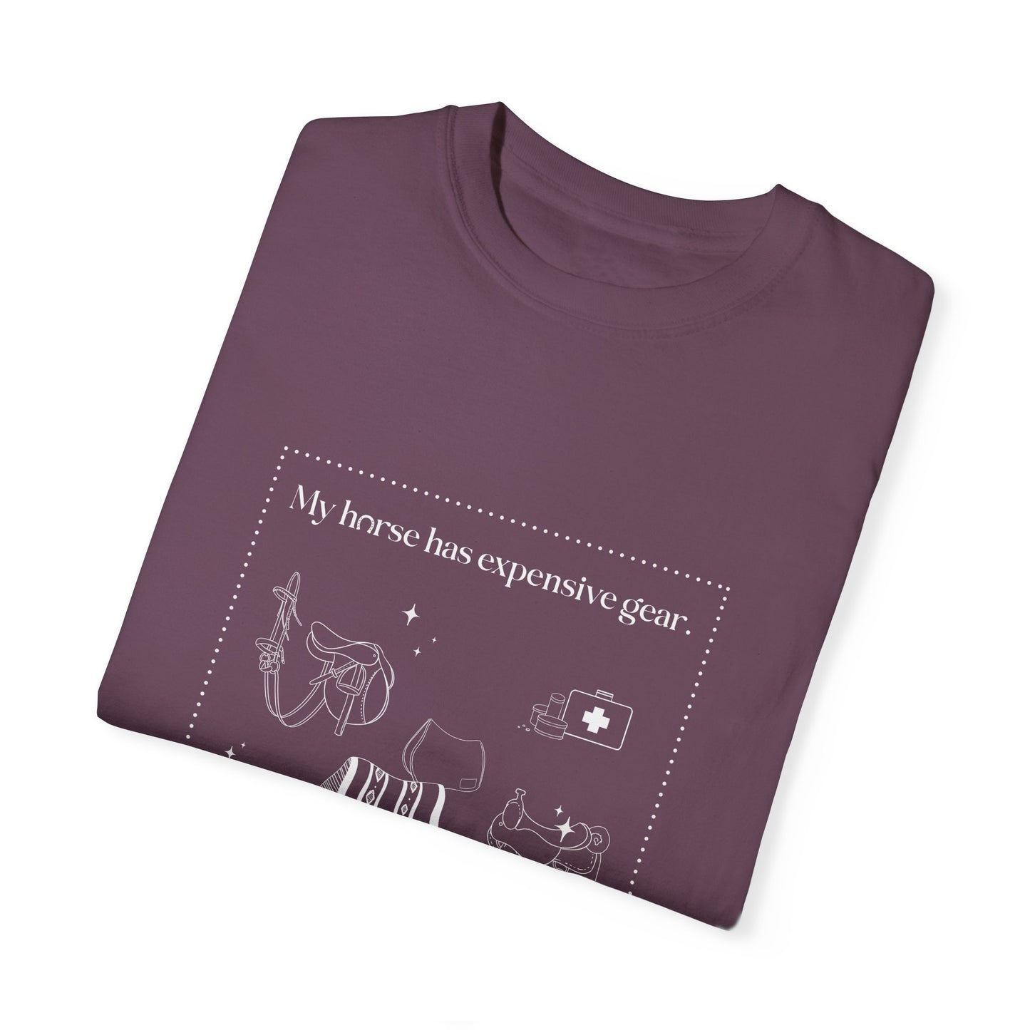 My horse has expensive gear. I have this shirt.