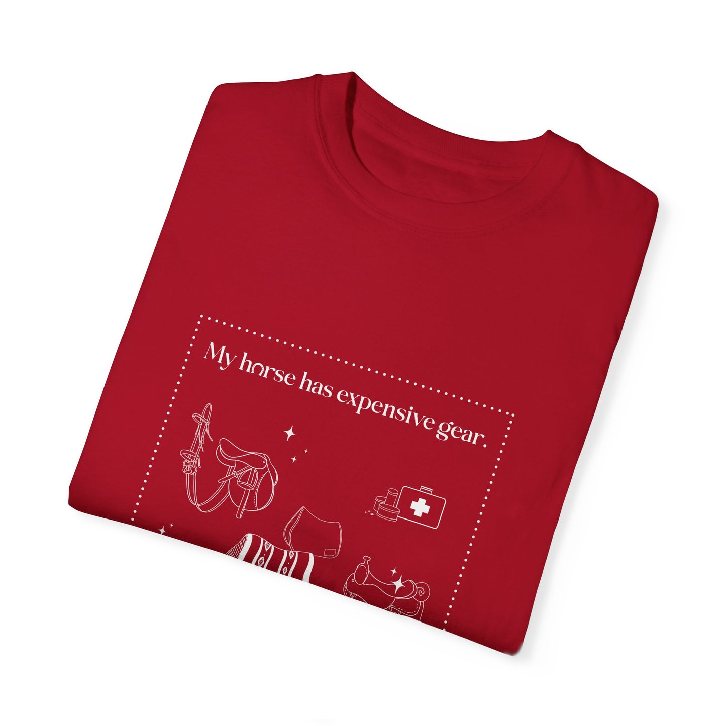 My horse has expensive gear. I have this shirt.