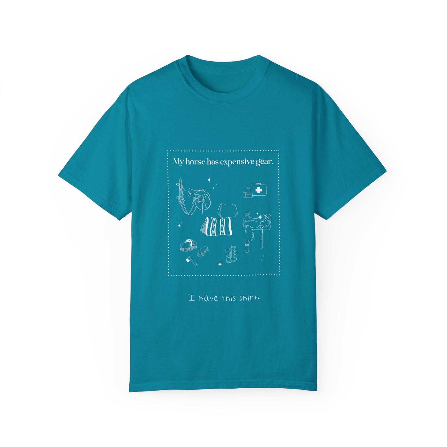 My horse has expensive gear. I have this shirt.