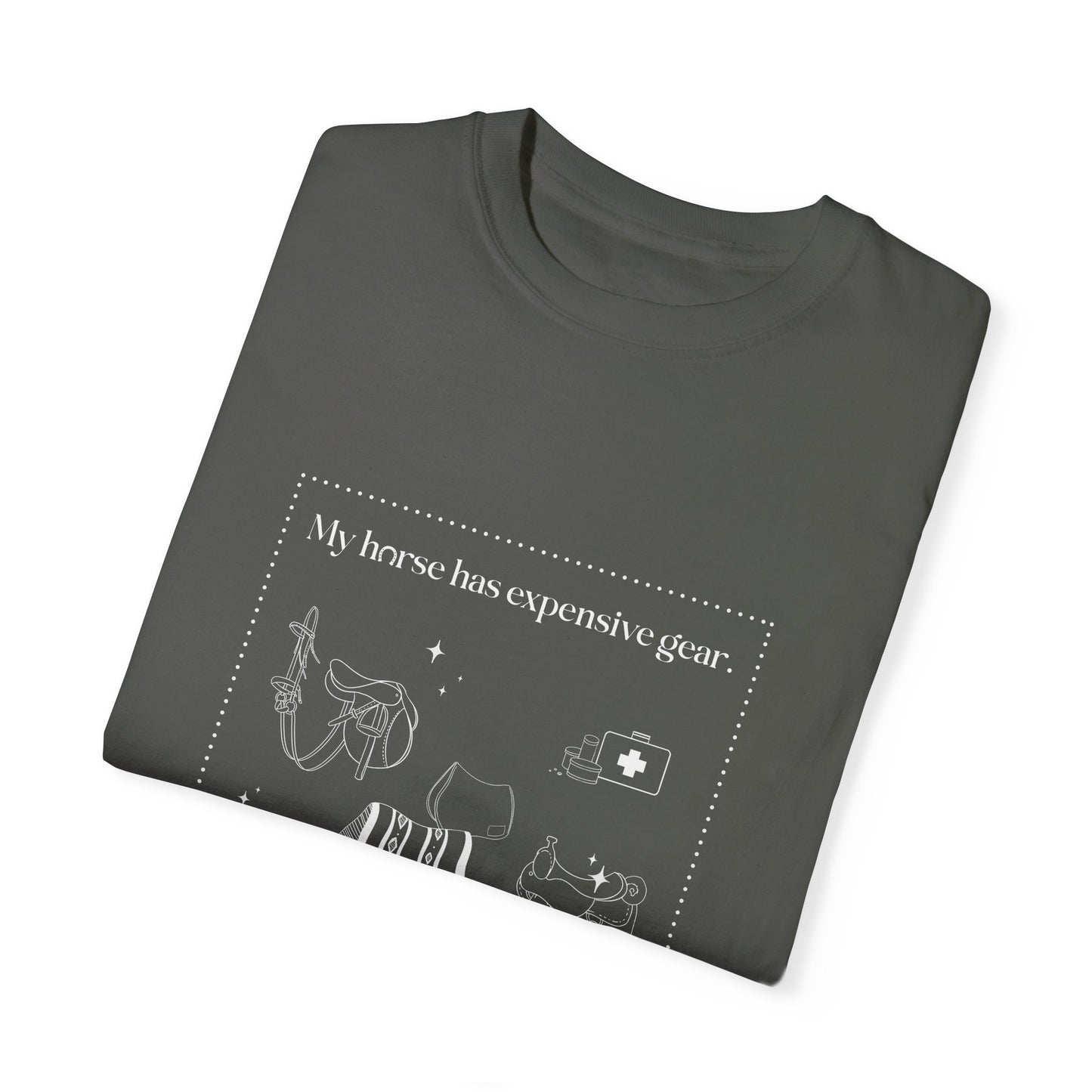 My horse has expensive gear. I have this shirt.