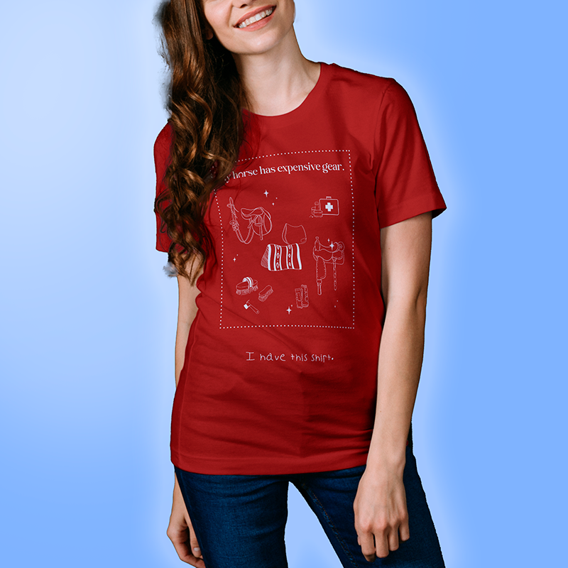 My horse has expensive gear. I have this shirt.