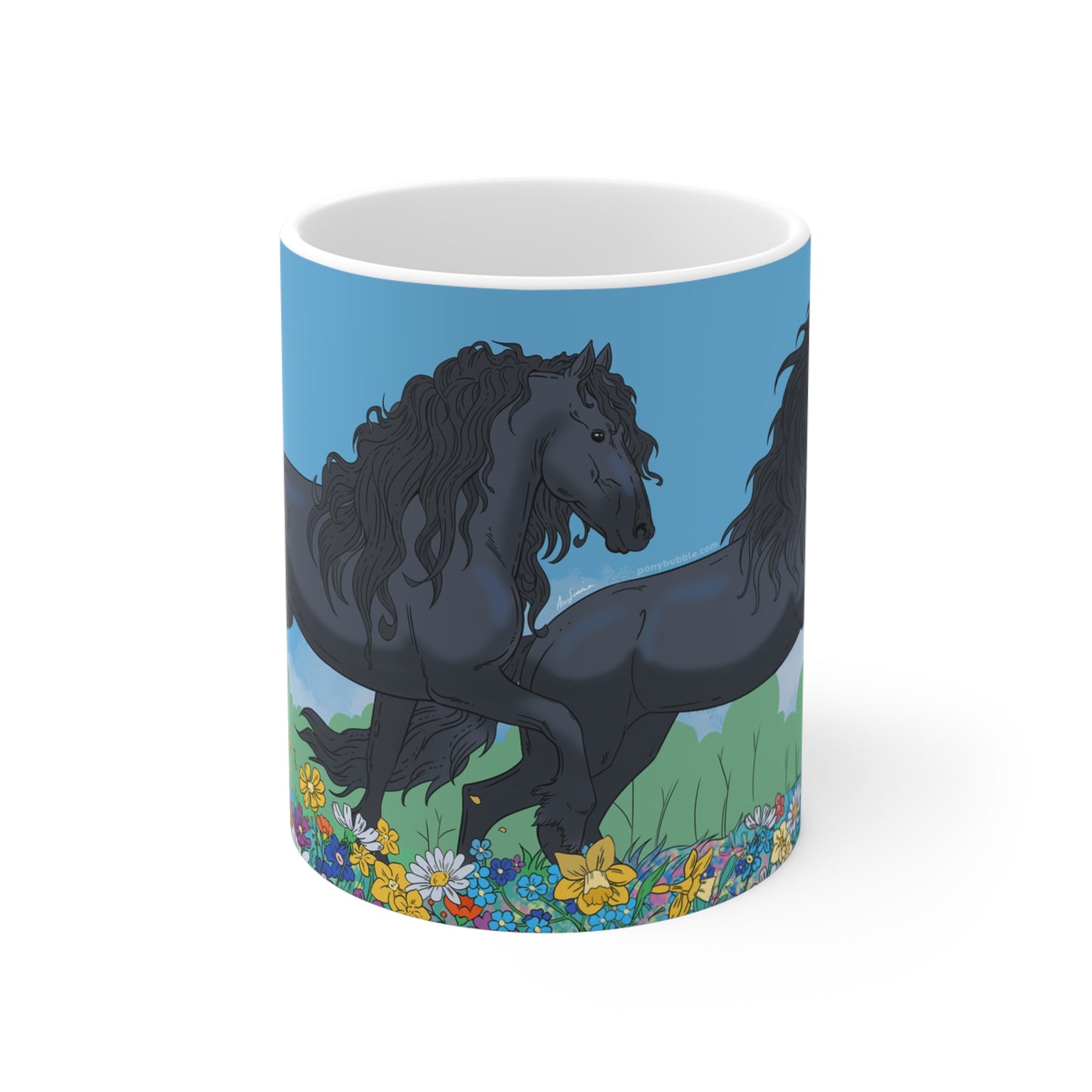 Flower field Friesian Horses Mug