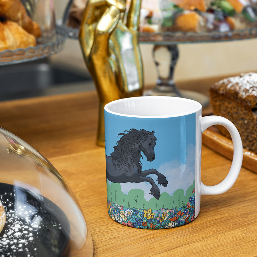 Flower field Friesian Horses Mug